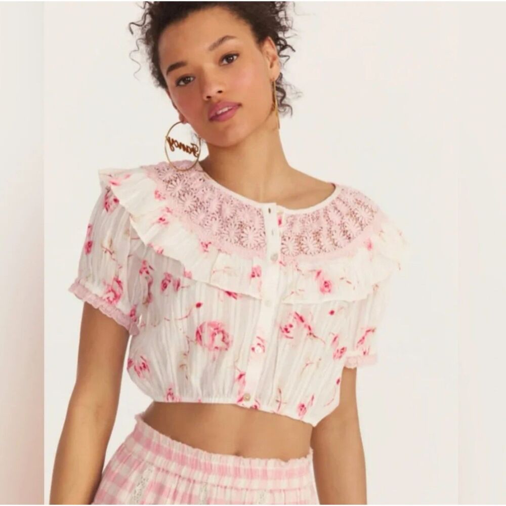 LoveShackFancy Elania Crop Top Cherry Soda Pink Lace Floral NWT Sz S
